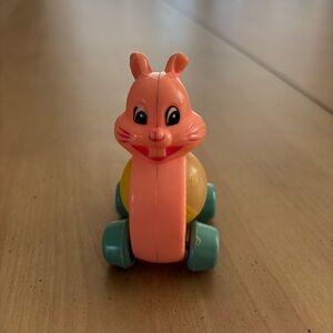 EASTER!!  Vintage Hard Plastic Easter Bunny Toy On Wheels. Hong Kong. Fast Ship